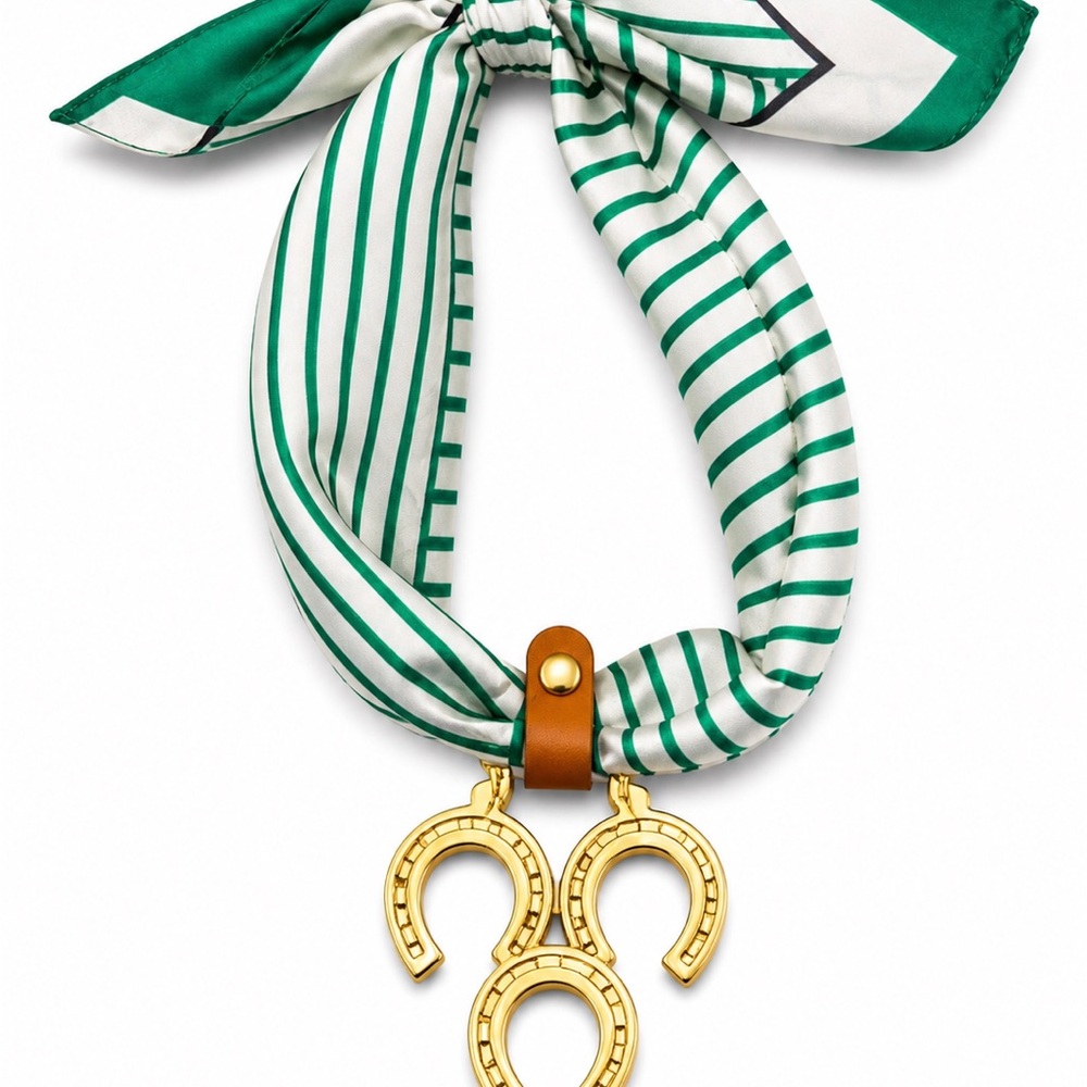 Gold  Brass VintageHorseshoe medallion. Scarf Necklace - Green & White